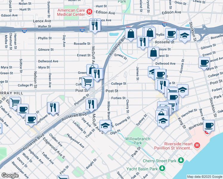 map of restaurants, bars, coffee shops, grocery stores, and more near 2951 Post Street in Jacksonville