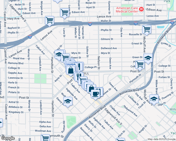 map of restaurants, bars, coffee shops, grocery stores, and more near 3551 Post Street in Jacksonville