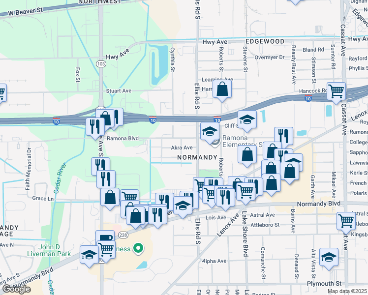 map of restaurants, bars, coffee shops, grocery stores, and more near 5621 Akra Avenue in Jacksonville