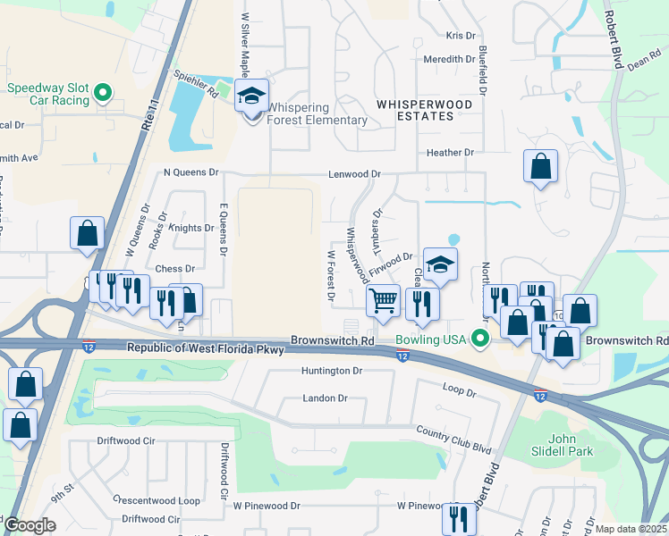map of restaurants, bars, coffee shops, grocery stores, and more near 135 West Forest Drive in Slidell