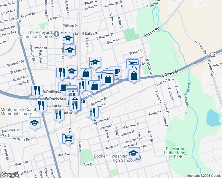 map of restaurants, bars, coffee shops, grocery stores, and more near 501 East Davis Street in Conroe