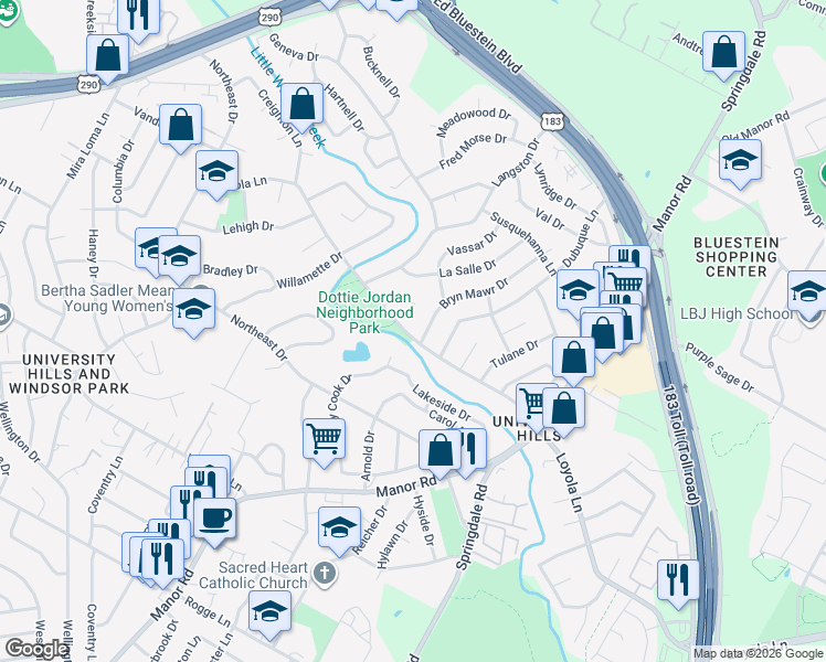 map of restaurants, bars, coffee shops, grocery stores, and more near 2908 Loyola Lane in Austin