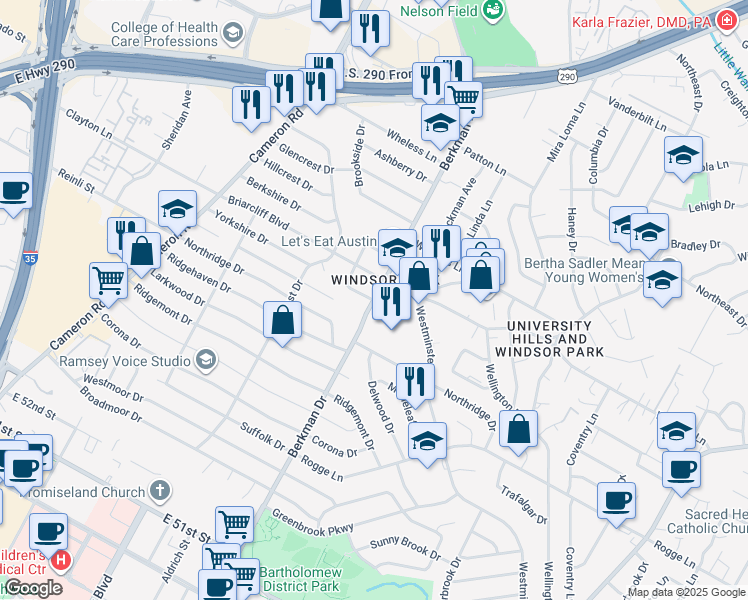 map of restaurants, bars, coffee shops, grocery stores, and more near 1609 Sweetbriar Avenue in Austin