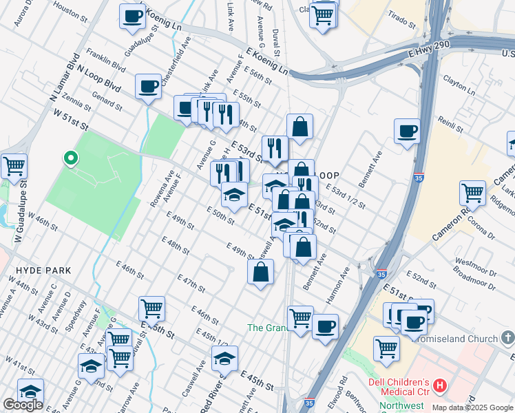 map of restaurants, bars, coffee shops, grocery stores, and more near 5101 Martin Avenue in Austin