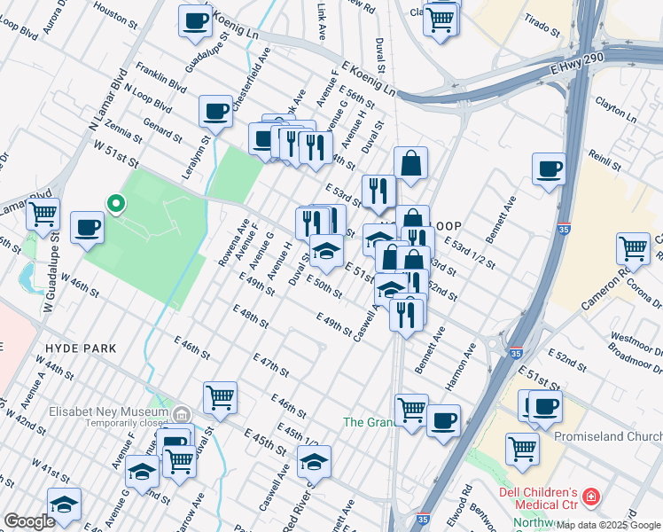map of restaurants, bars, coffee shops, grocery stores, and more near 5015 Evans Avenue in Austin