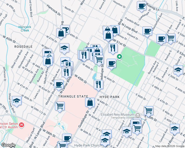 map of restaurants, bars, coffee shops, grocery stores, and more near 4517 Triangle Avenue in Austin