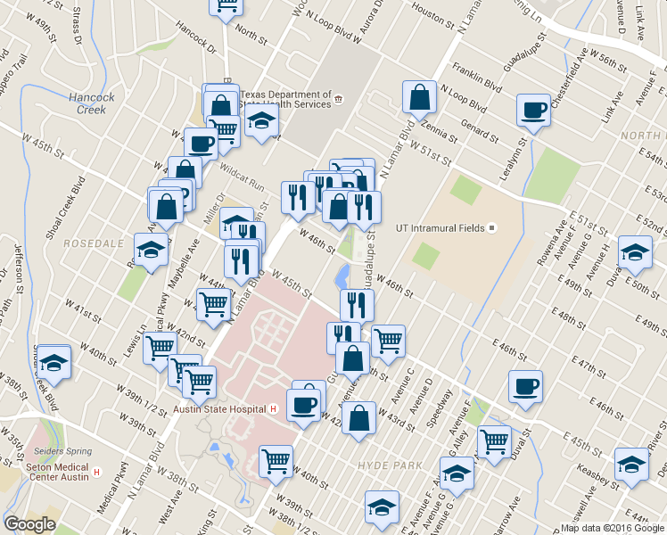 map of restaurants, bars, coffee shops, grocery stores, and more near 4517 Triangle Avenue in Austin