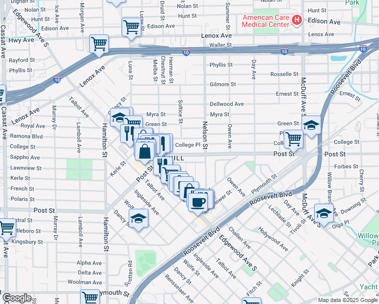 map of restaurants, bars, coffee shops, grocery stores, and more near 3551 Post Street in Jacksonville