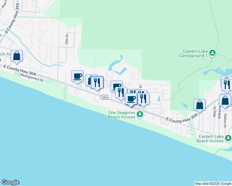 map of restaurants, bars, coffee shops, grocery stores, and more near 189 Sugar Sand Lane in Santa Rosa Beach