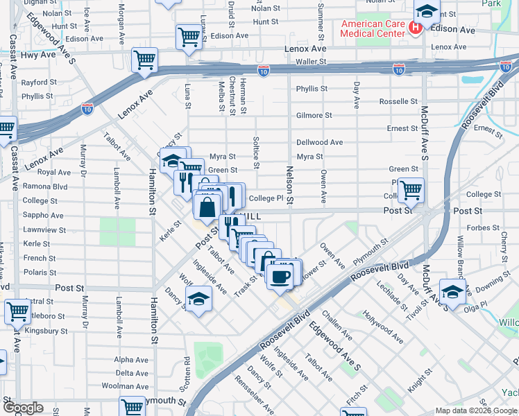 map of restaurants, bars, coffee shops, grocery stores, and more near 3557 Post Street in Jacksonville