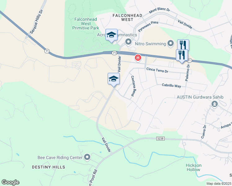 map of restaurants, bars, coffee shops, grocery stores, and more near 5520 Vail Divide in Austin