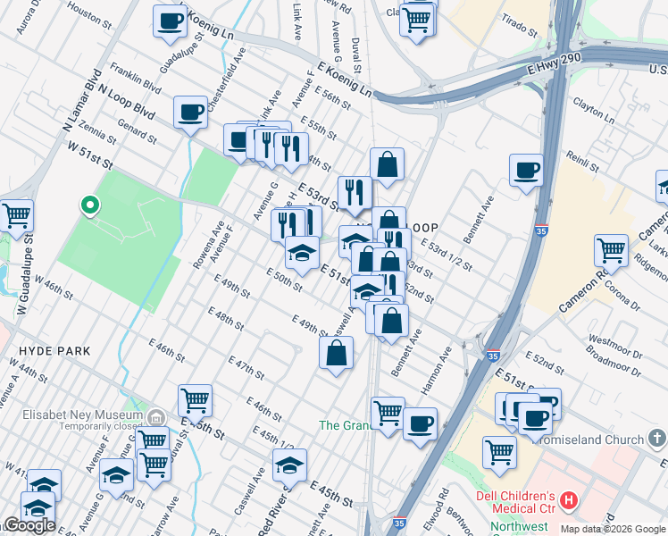 map of restaurants, bars, coffee shops, grocery stores, and more near 5101 Martin Avenue in Austin