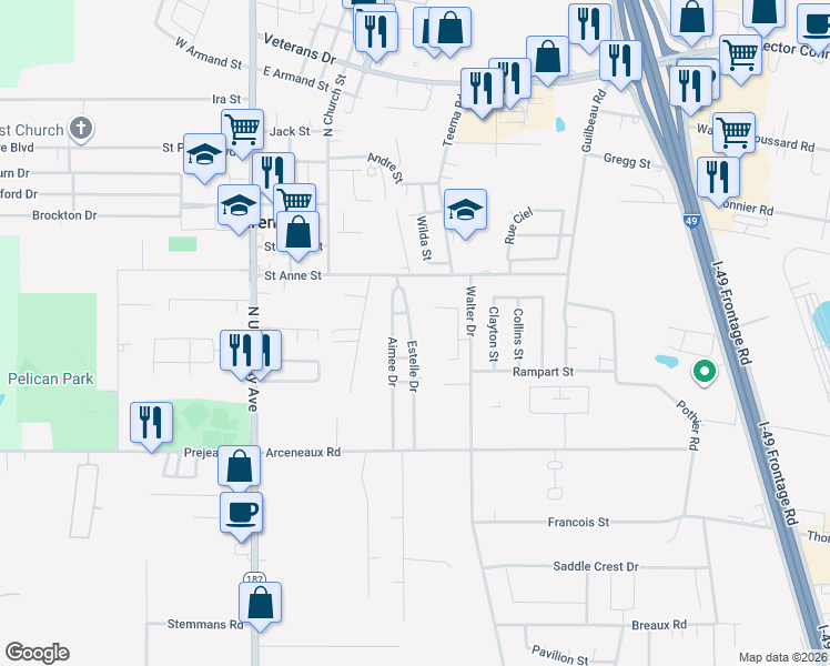 map of restaurants, bars, coffee shops, grocery stores, and more near 213 Estelle Drive in Carencro