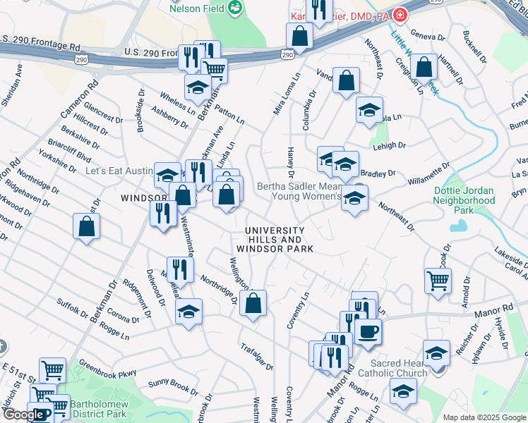 map of restaurants, bars, coffee shops, grocery stores, and more near 2018 Wheless Lane in Austin