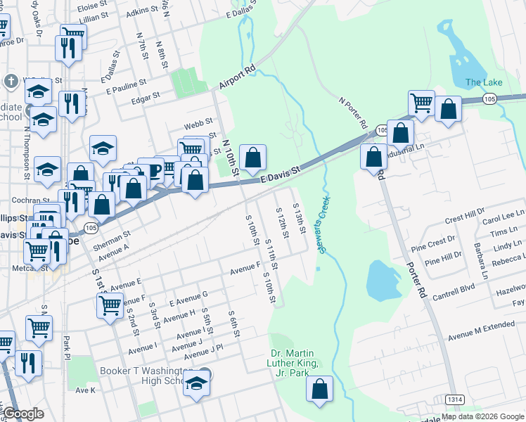 map of restaurants, bars, coffee shops, grocery stores, and more near 216 South 11th Street in Conroe