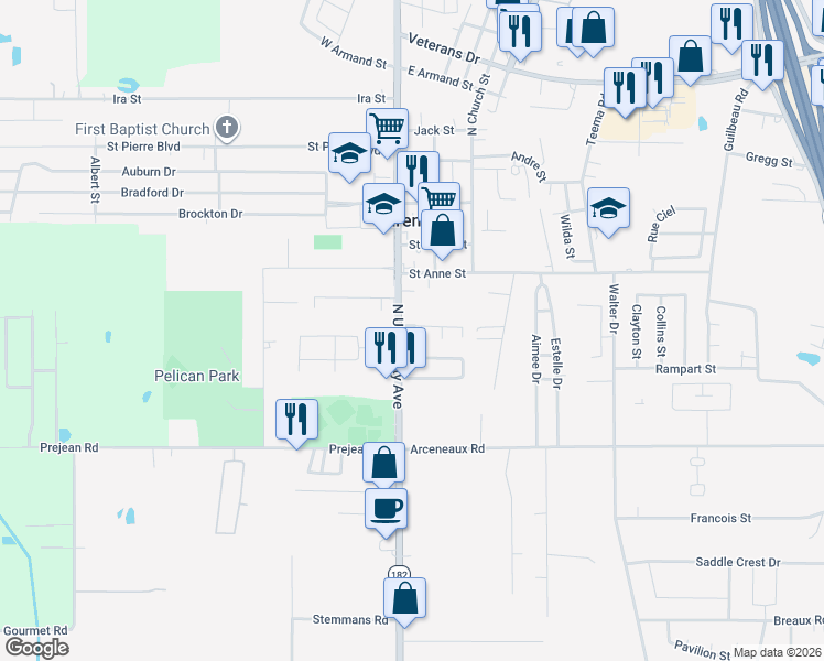 map of restaurants, bars, coffee shops, grocery stores, and more near 102 Rue Bordeaux in Carencro