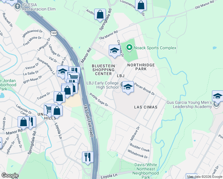 map of restaurants, bars, coffee shops, grocery stores, and more near 7300 Lazy Creek Drive in Austin