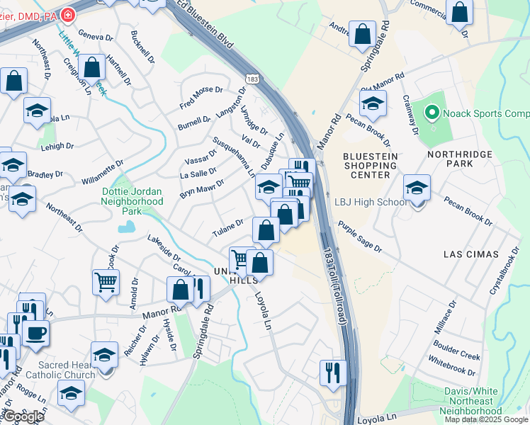 map of restaurants, bars, coffee shops, grocery stores, and more near 3304 Rockhurst Lane in Austin
