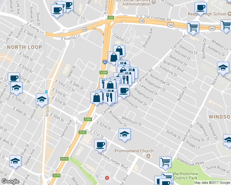 map of restaurants, bars, coffee shops, grocery stores, and more near 5405 Interstate 35 in Austin