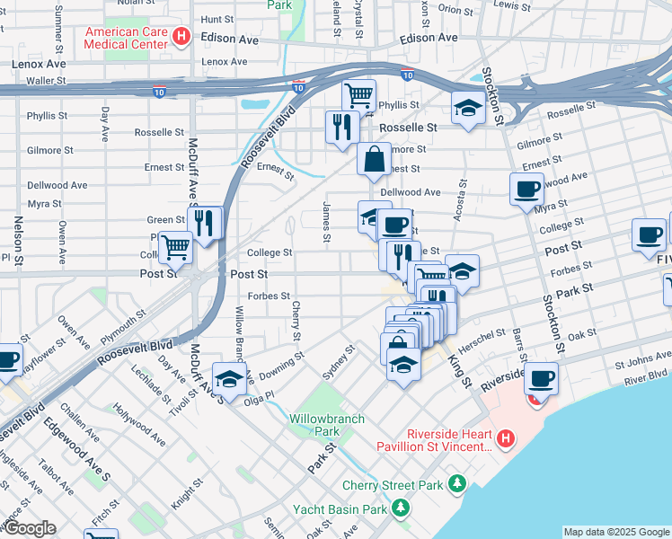 map of restaurants, bars, coffee shops, grocery stores, and more near 2817 Post Street in Jacksonville