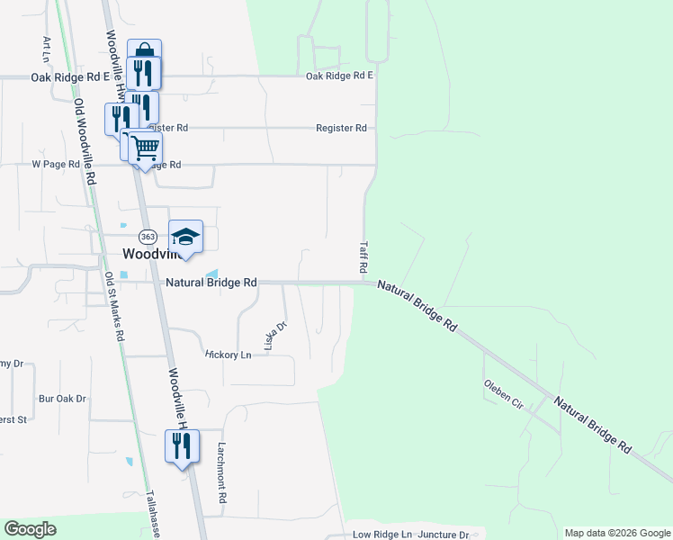 map of restaurants, bars, coffee shops, grocery stores, and more near 2366 Natural Bridge Road in Tallahassee