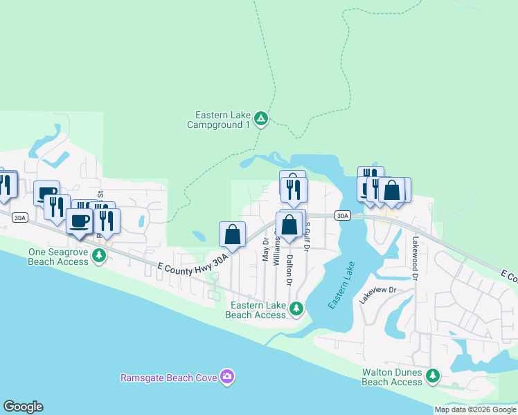 map of restaurants, bars, coffee shops, grocery stores, and more near 82 Greenway Park Avenue in Santa Rosa Beach