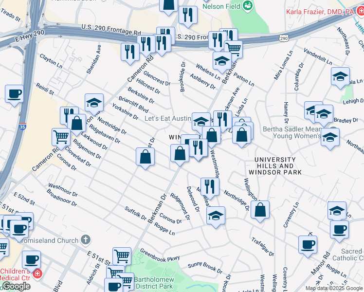 map of restaurants, bars, coffee shops, grocery stores, and more near 1609 Sweetbriar Avenue in Austin