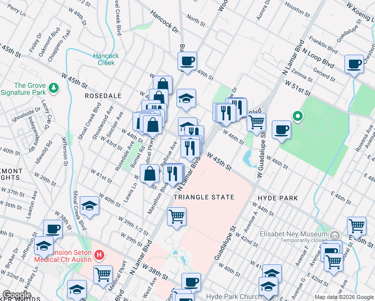 map of restaurants, bars, coffee shops, grocery stores, and more near in Austin