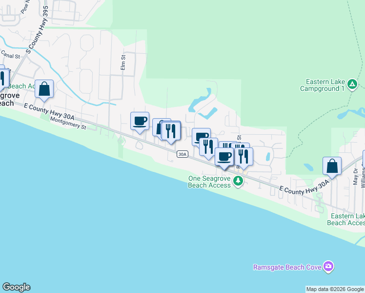 map of restaurants, bars, coffee shops, grocery stores, and more near 3799 West County Highway 30A in Santa Rosa Beach