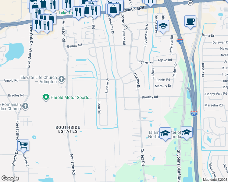 map of restaurants, bars, coffee shops, grocery stores, and more near 2046 Glen Gardner Drive in Jacksonville