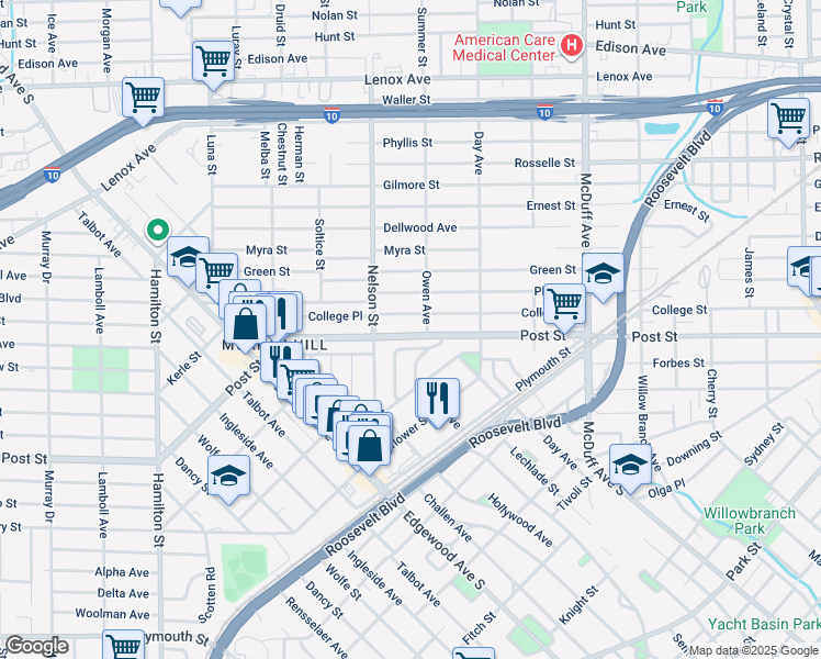 map of restaurants, bars, coffee shops, grocery stores, and more near 3323 Post Street in Jacksonville