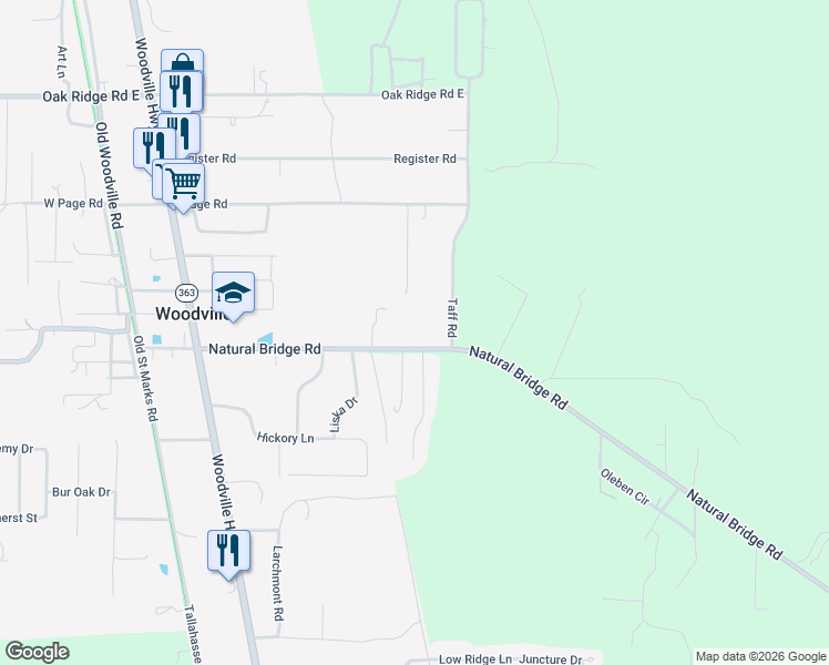 map of restaurants, bars, coffee shops, grocery stores, and more near 2366 Natural Bridge Road in Tallahassee