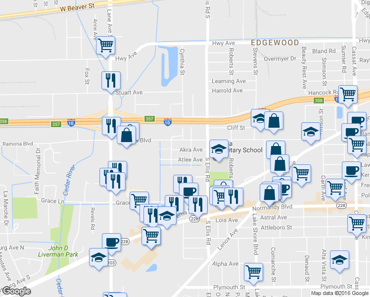 map of restaurants, bars, coffee shops, grocery stores, and more near 5687 Akra Avenue in Jacksonville