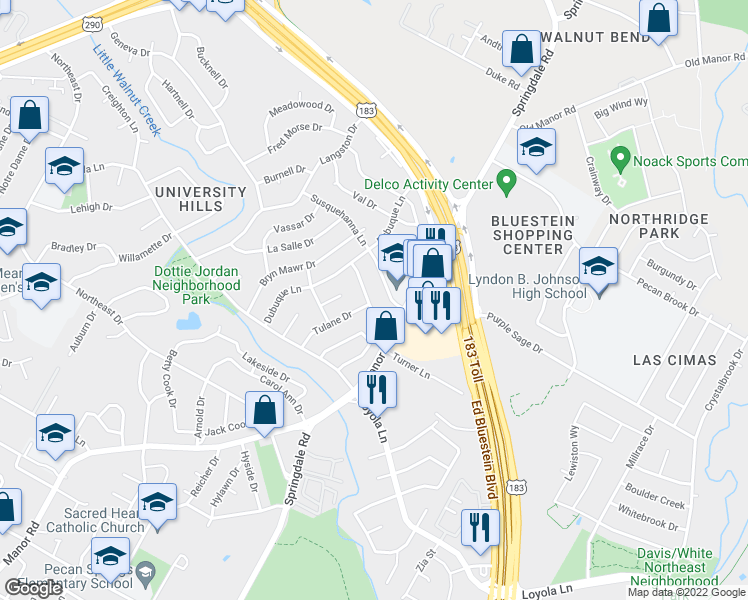 map of restaurants, bars, coffee shops, grocery stores, and more near 3304 Rockhurst Lane in Austin