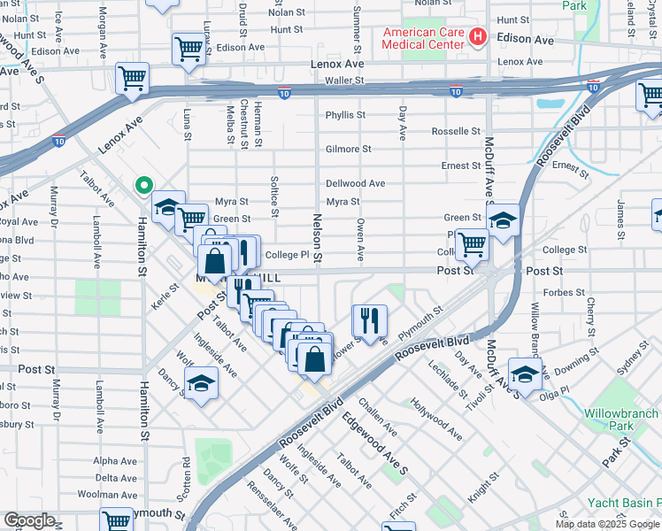map of restaurants, bars, coffee shops, grocery stores, and more near 3323 Post Street in Jacksonville
