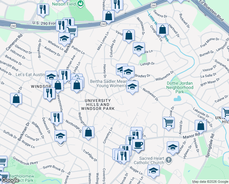 map of restaurants, bars, coffee shops, grocery stores, and more near 2208 Towbridge Circle in Austin