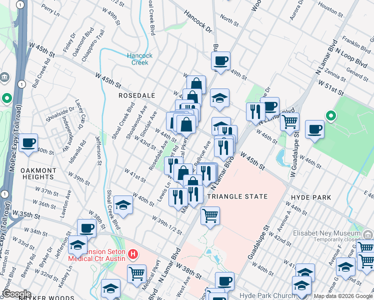 map of restaurants, bars, coffee shops, grocery stores, and more near 1204 West 44th Street in Austin