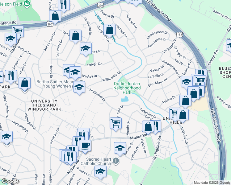 map of restaurants, bars, coffee shops, grocery stores, and more near 6607 Auburnhill Street in Austin