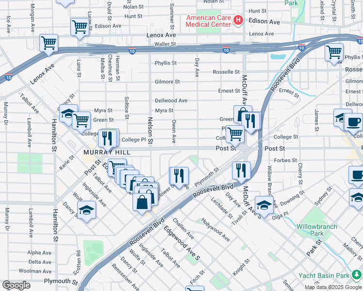 map of restaurants, bars, coffee shops, grocery stores, and more near 3243 Post Street in Jacksonville