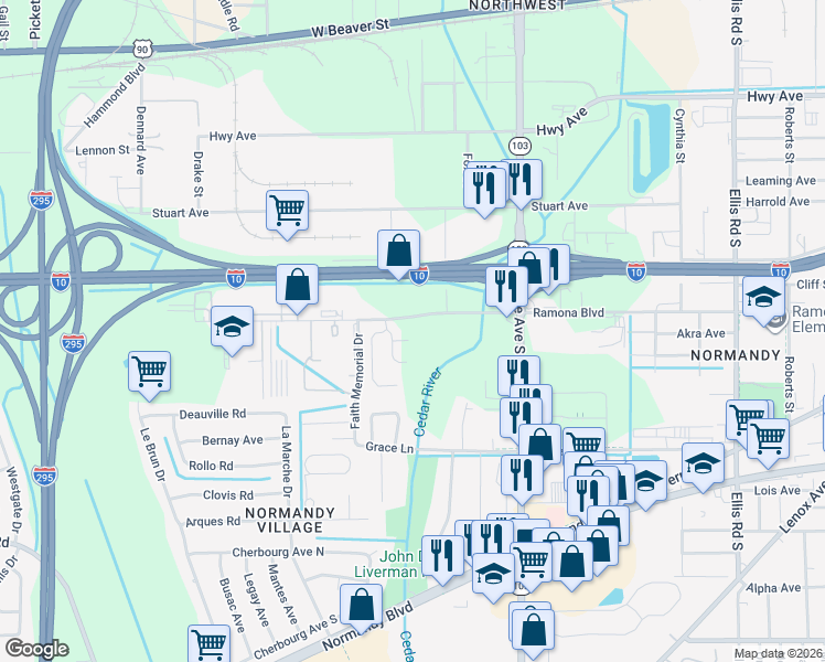 map of restaurants, bars, coffee shops, grocery stores, and more near 6635 Talking Tree Court in Jacksonville