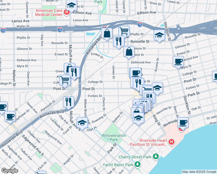 map of restaurants, bars, coffee shops, grocery stores, and more near 2861 Post Street in Jacksonville