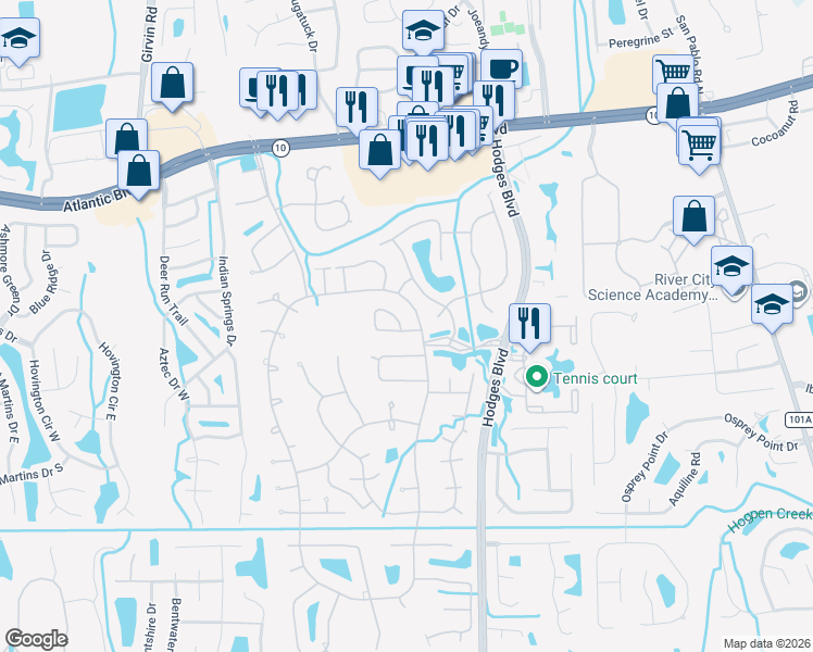 map of restaurants, bars, coffee shops, grocery stores, and more near 13037 Twin Pines Circle West in Jacksonville