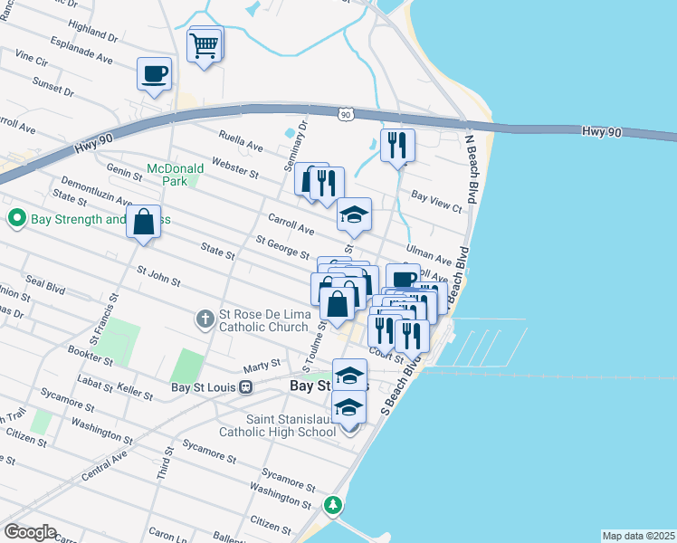 map of restaurants, bars, coffee shops, grocery stores, and more near 298 North Toulme Street in Bay St. Louis