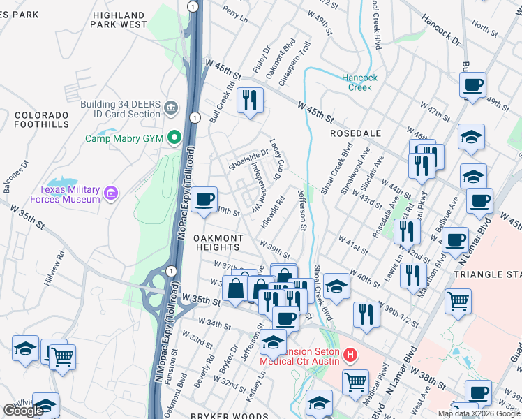 map of restaurants, bars, coffee shops, grocery stores, and more near 4001 Independent Way in Austin