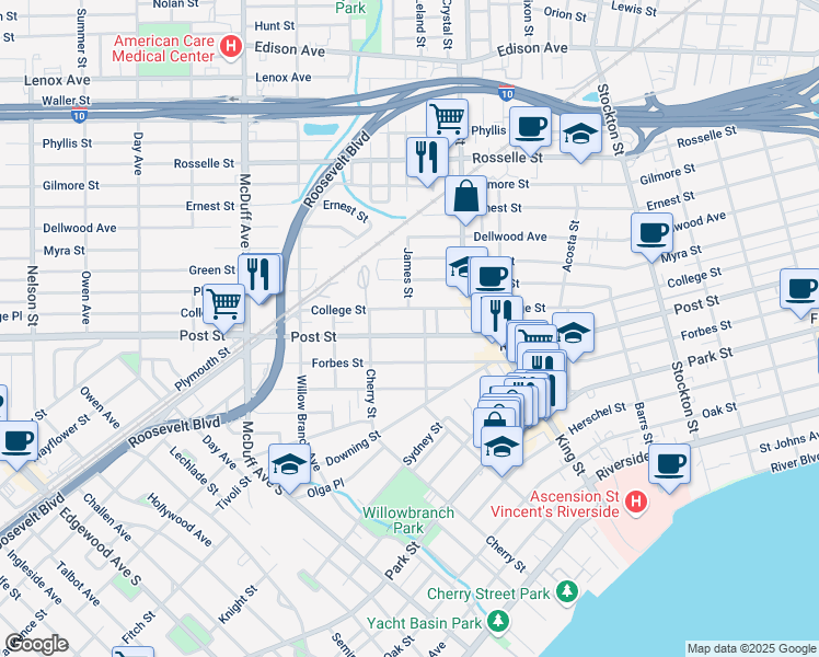 map of restaurants, bars, coffee shops, grocery stores, and more near 2817 Post Street in Jacksonville