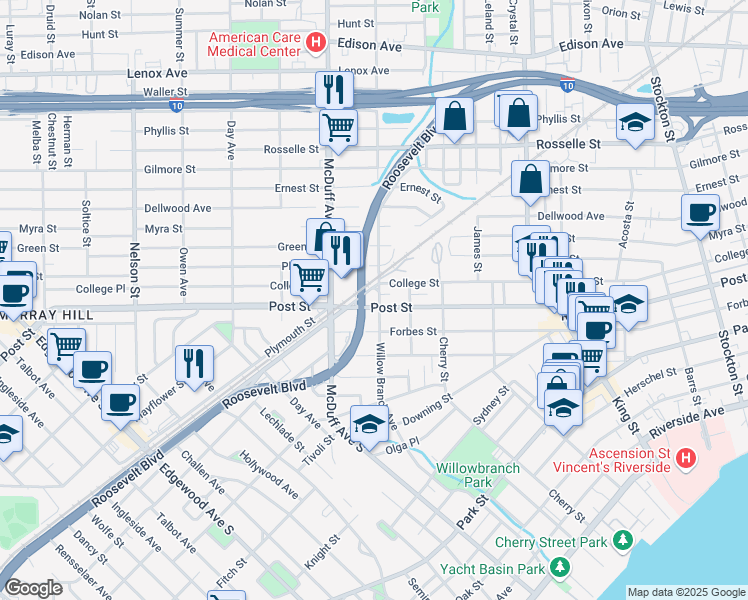 map of restaurants, bars, coffee shops, grocery stores, and more near 2951 Post Street in Jacksonville