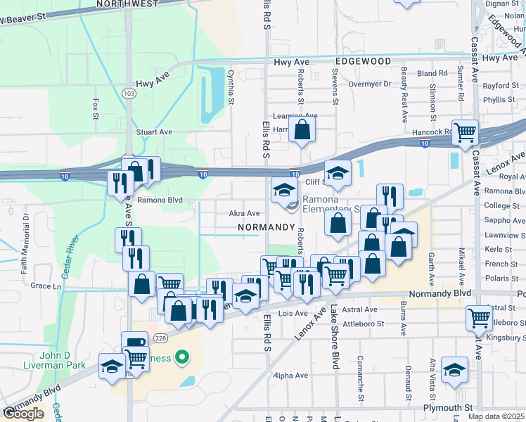 map of restaurants, bars, coffee shops, grocery stores, and more near 5621 Akra Avenue in Jacksonville