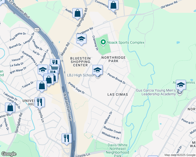 map of restaurants, bars, coffee shops, grocery stores, and more near 7309 Lazy Creek Drive in Austin