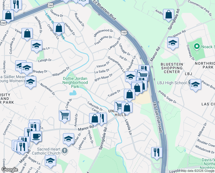 map of restaurants, bars, coffee shops, grocery stores, and more near 6807 Dubuque Lane in Austin