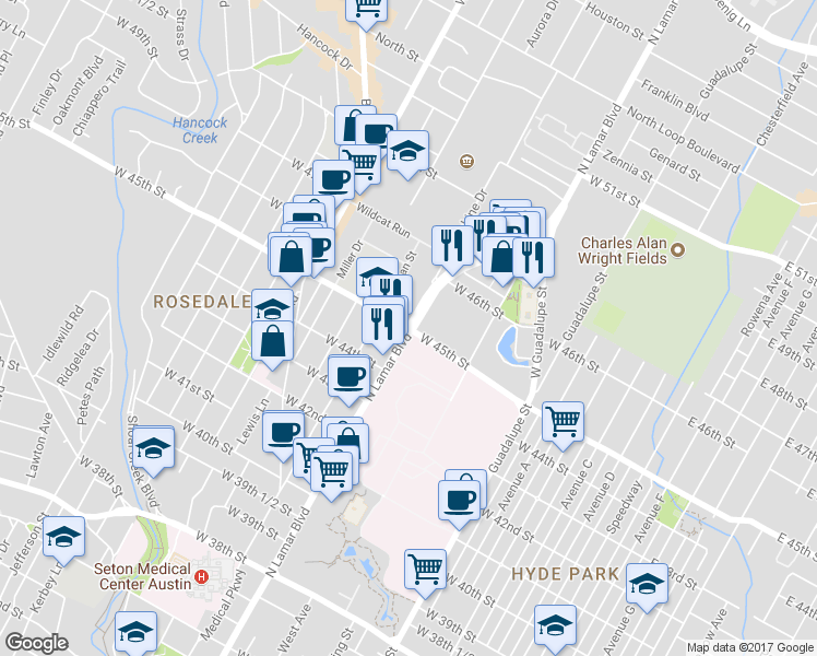 map of restaurants, bars, coffee shops, grocery stores, and more near N Lamar Blvd & W 45th St in Austin
